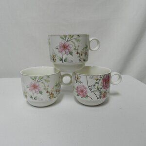 Grace Chintz Porcelain floral Cups Mugs Set Lot 3 stackable dish safe pink green
